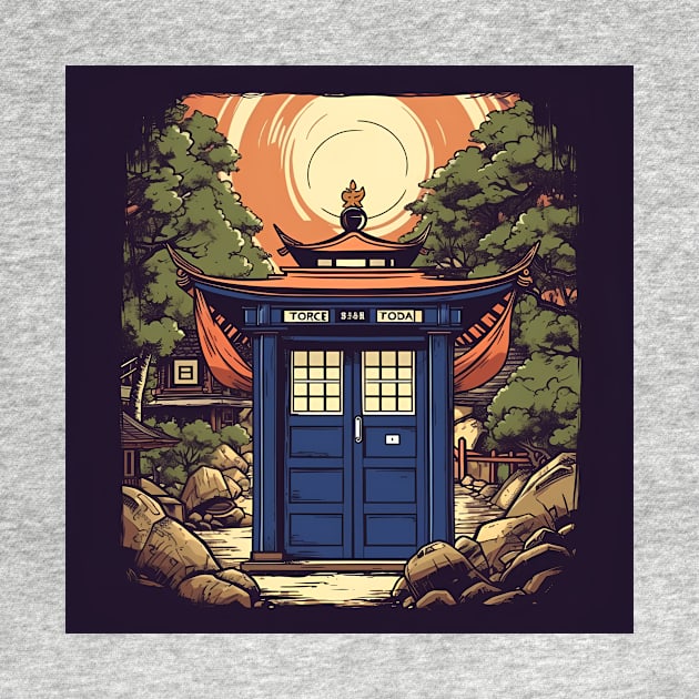 Illustration of blue tardis in Japan on sunset by KOTYA